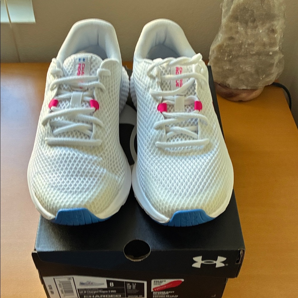 Under Armour Women’s Size 8 White Sneakers with Pink and Blue Accents.